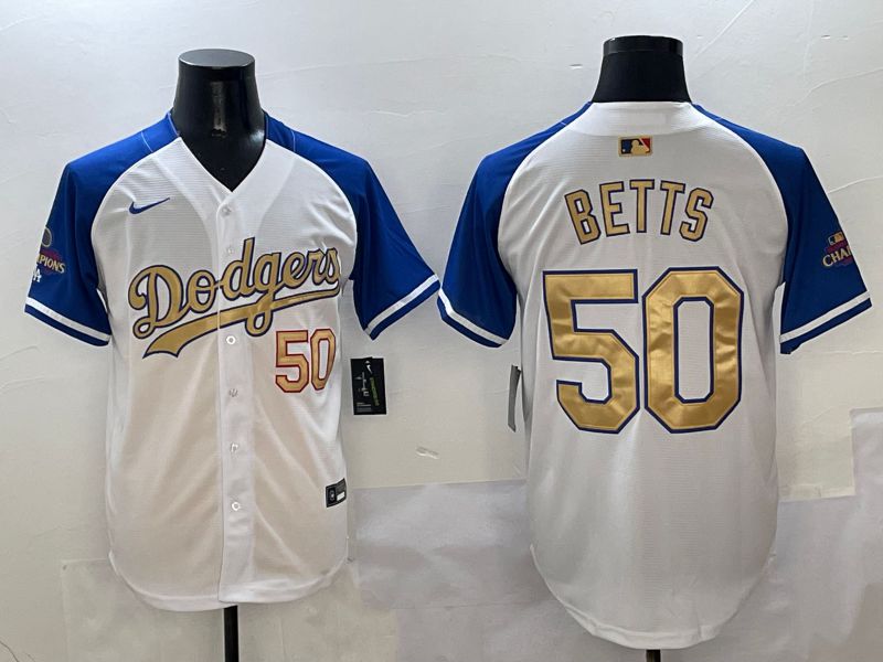 Men Los Angeles Dodgers #50 Betts White Blue Game Nike 2025 MLB Jersey style 1